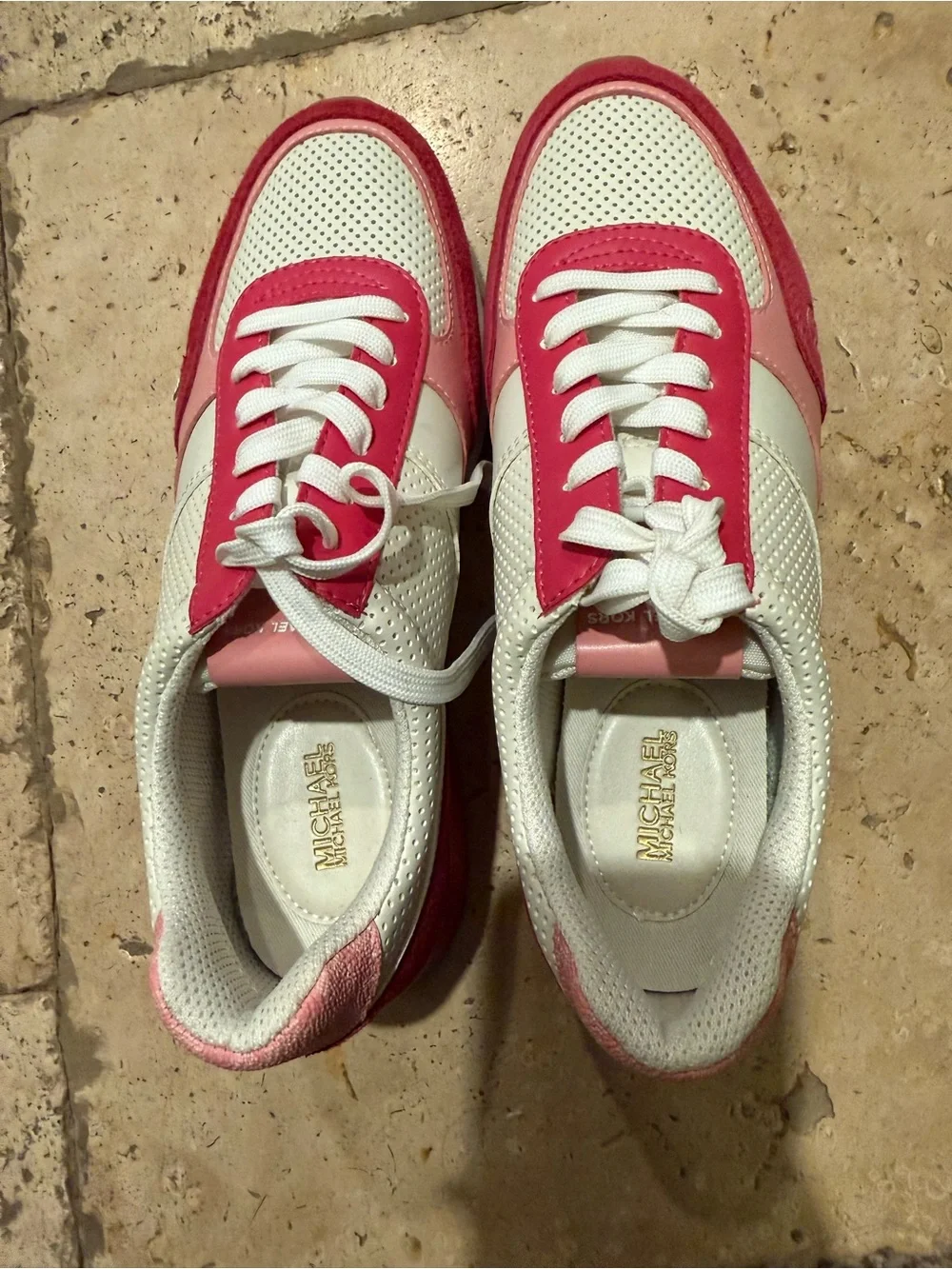 Michael Kors White and Pink Perforated Leather & Suede Sneakers